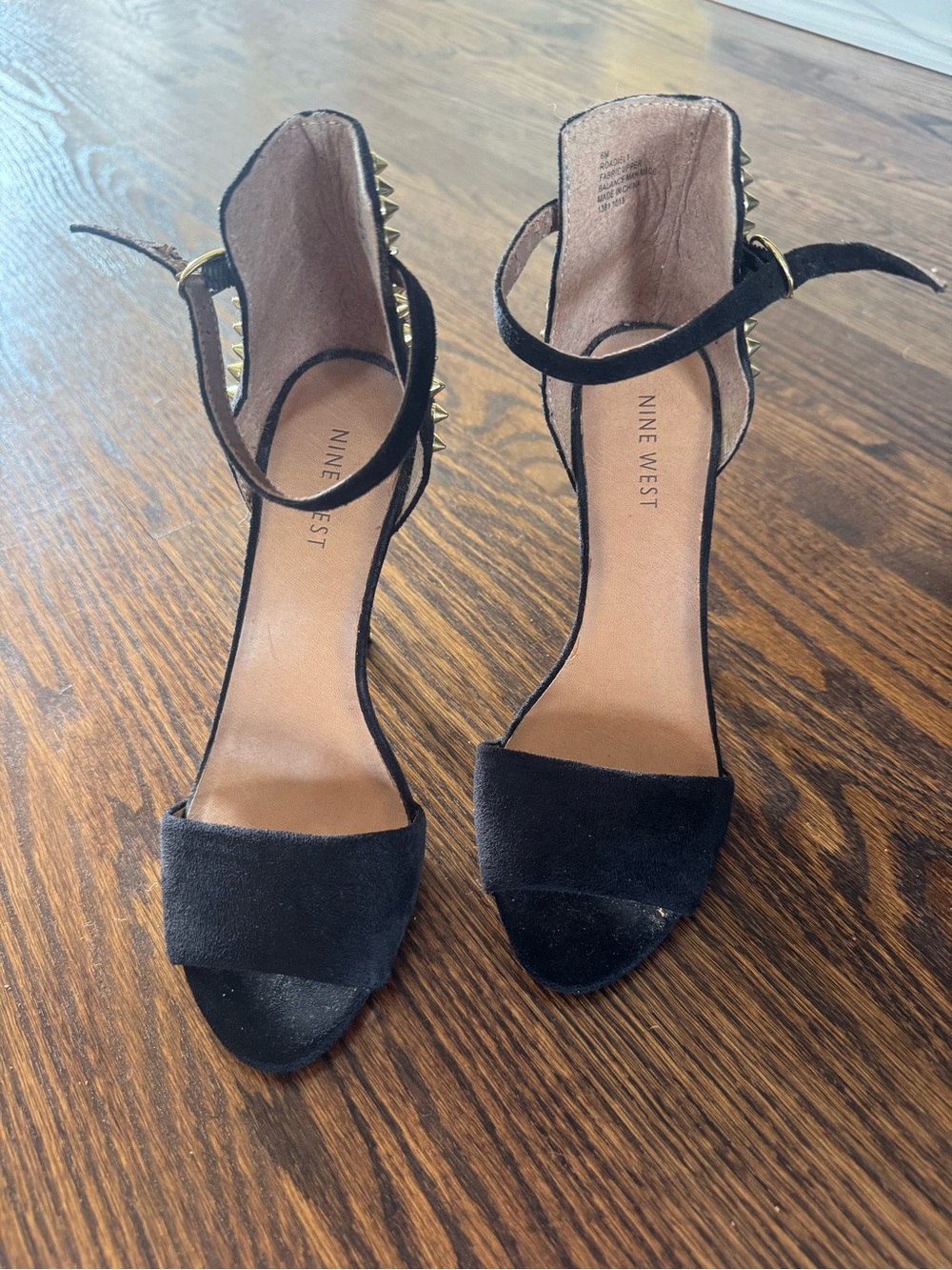 Nine West Black Suede Open-Toe Ankle-Strap Heels with Gold Spike Trim